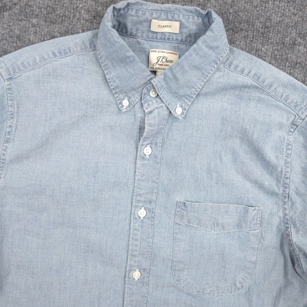 J Crew Chambray Shirt Mens S Blue Organic Cotton Classic Fit Short Sleeve Preppy